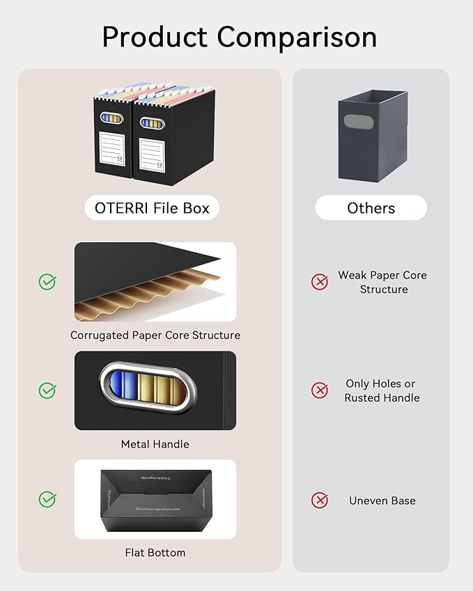 Oterri Cardboard File Organizer Box for Hanging File Folders Letter Size,File Box for Computer Desk,File Cabinet,Working Home,Office,Classroom（Black, Letter Size - 4 Packs）