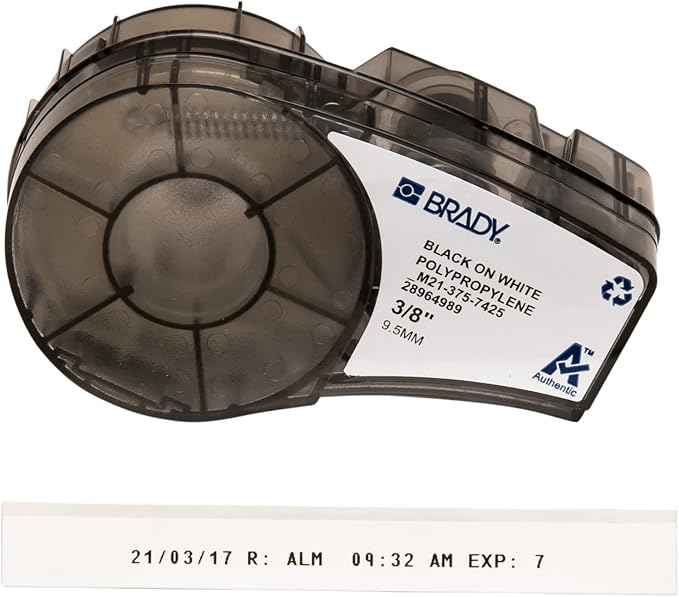 Brady Authentic (M21-375-7425) Chemical and Temp Resistant Label for Lab, Asset Tracking, and Datacom Labeling, BlackonWhite- For M210, M210-LAB, M211, BMP21-PLUS and BMP21-LAB Printers, .375" W 21' L