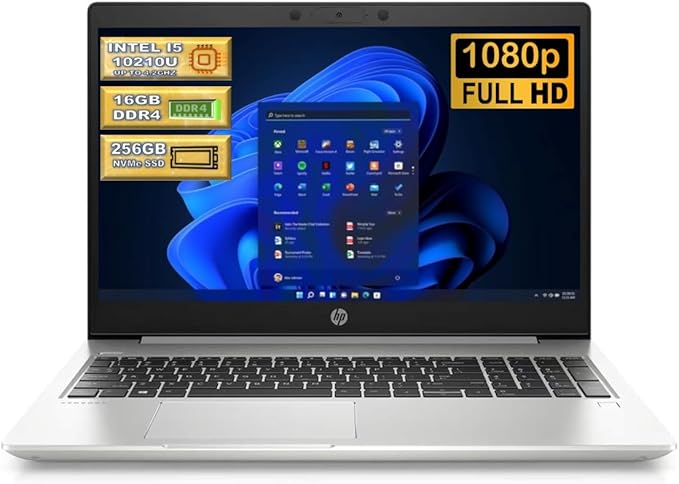 HP ProBook 450 G7 15.6" 1920x1080 FHD Notebook, Intel Core i5-10210U 4 Core, 16GB RAM, 256GB NVMe SSD, HDMI, USB-C, Webcam, Windows 11 Pro (Renewed)