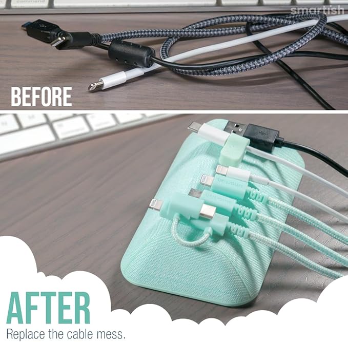 Smartish® Magnetic Cord Holder - Bigger Cable Wrangler Organizer with Magnet Clips for Charger Management on Desktop, Nightstand - Holds 6+ Cables - Teal Me More