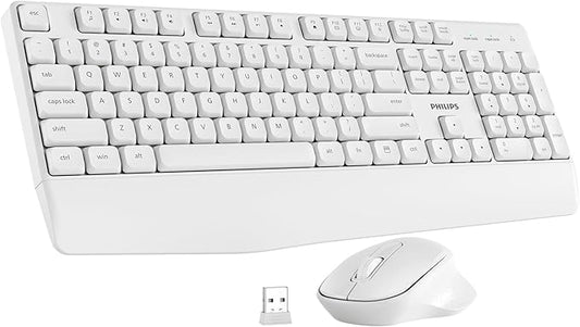 PHILIPS Wireless Keyboard and Mouse Combo-Ergonomic Keyboard and Mouse Wireless Combo with Silent Design,Plug n' Play,Sleep Mode and 2.4GHz Keyboard for Mac, Windows, Laptop-White