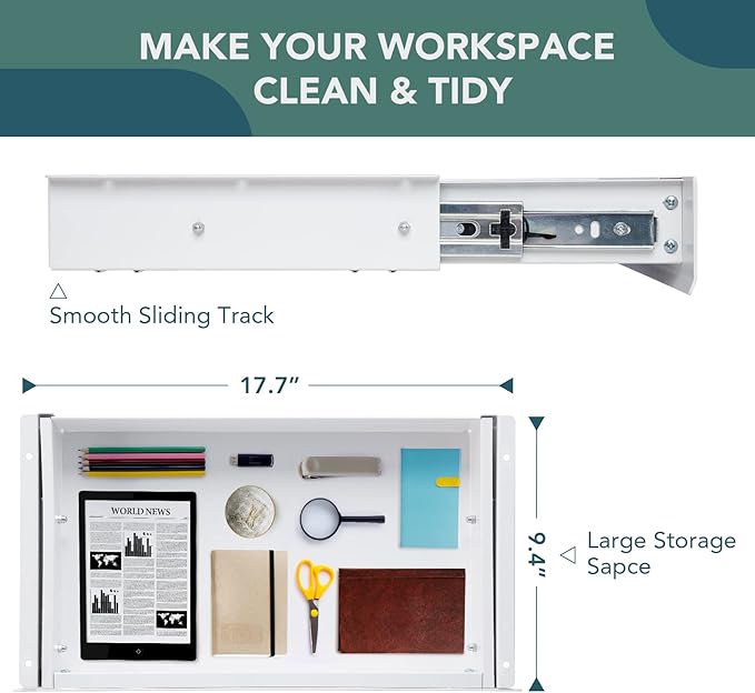 FLEXISPOT Under Desk Drawer, Steel Drawer for Desk Slide-out, Under table Mounted Drawer, Standing Workstation Storage Attachment for Office Home - 17.7” Width, White