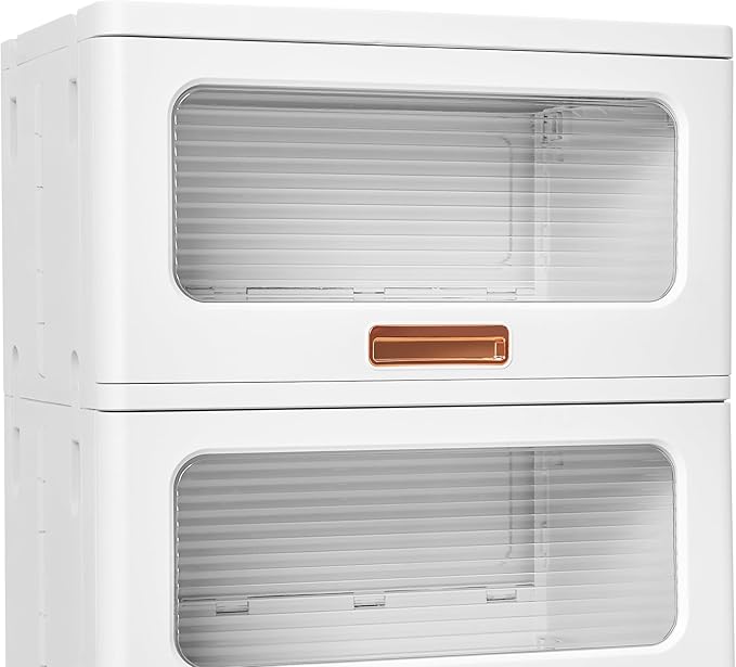 VECELO Storage Cabinet with Drawer, Pull-Out Stackable Bins with Wheels, Waterproof Modular Organizer, Multi-Tier Closet Storage for Bedroom, Living Room & Bathroom, Large 2-Tier