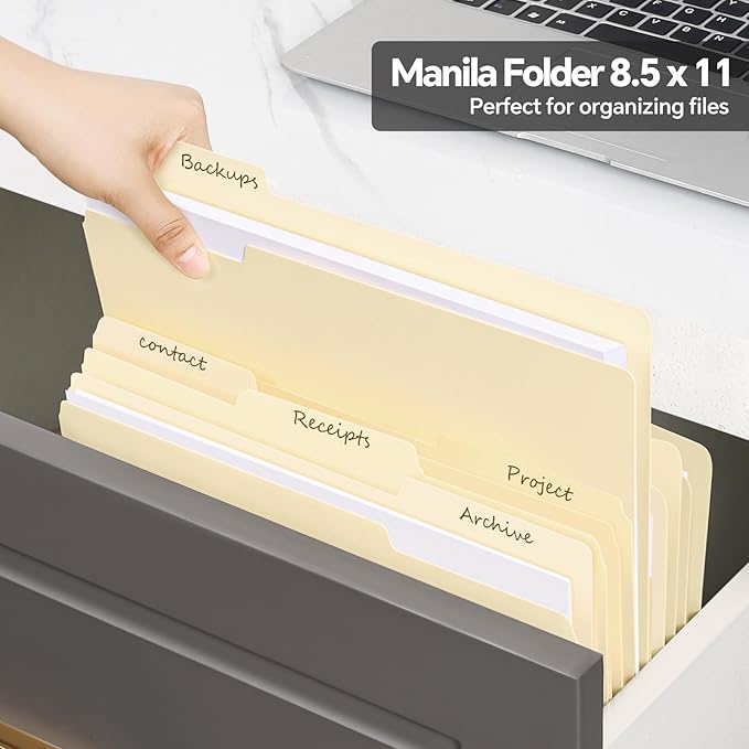 File Folders,100 Pack Manilla Folders 8.5x11,1/3 Cut Tabs Manila File Folders Letter Size for Easy Labeling and Organization,Vanilla Folders Great for Documents Home School Classroom Office Supplies