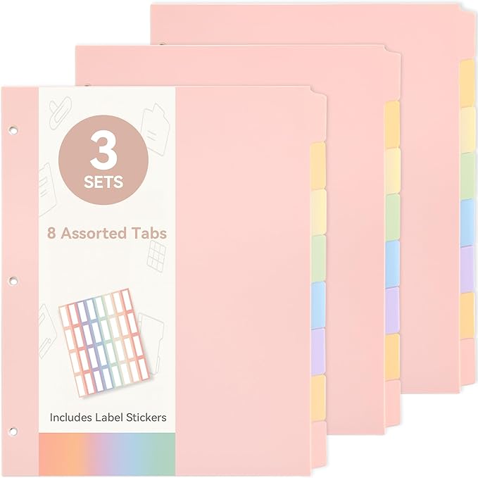 24 Plastic Binder Dividers with 8 Tabs – 3 Sets of Pastel Dividers for 3 Ring Binder, with Colorful Stickers, Letter Size