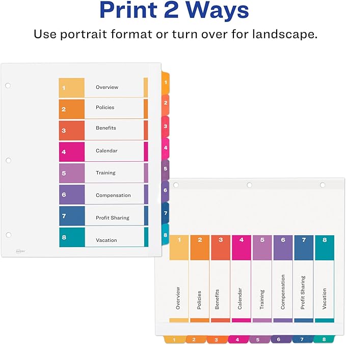 Avery Extra-Wide Dividers for 3 Ring Binders, 8 Tabs per Set, Customizable Table of Contents, Multicolor Tabs, Works Great with Sheet Protectors (11163)