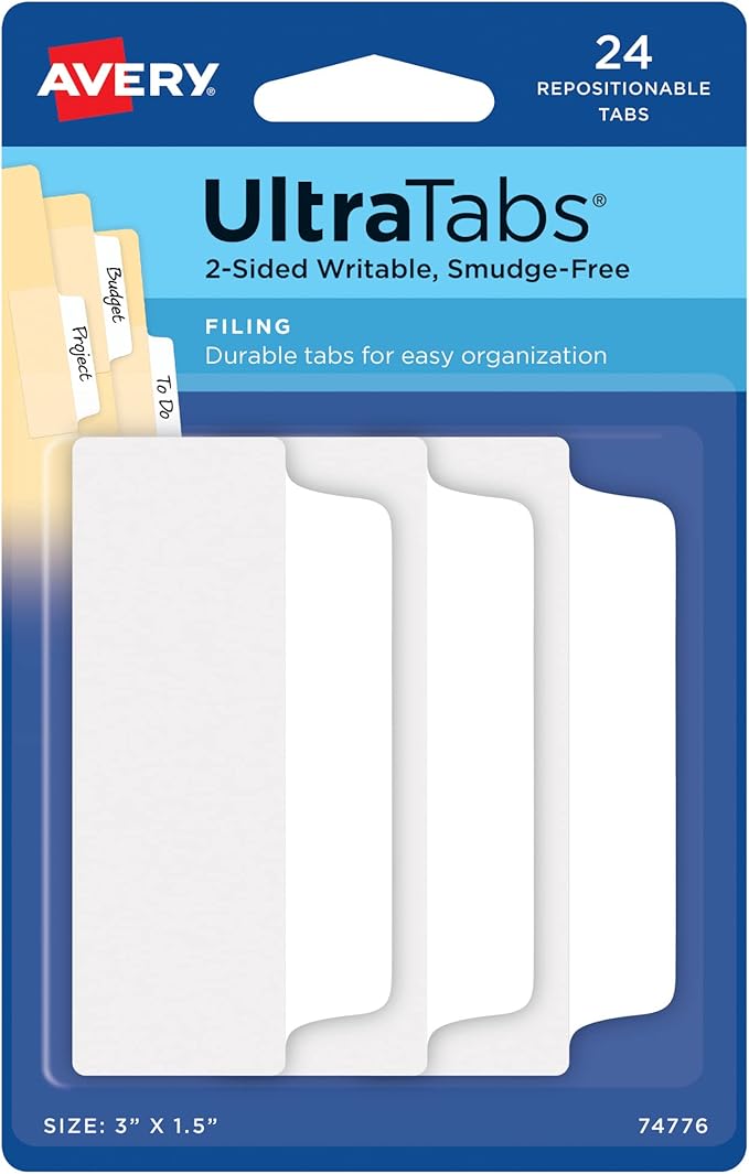 Avery Filing Ultra Tabs, 3" x 1.5", 2-Side Writable, White, 24 Repositionable File Tabs, 48 Packs (74776)