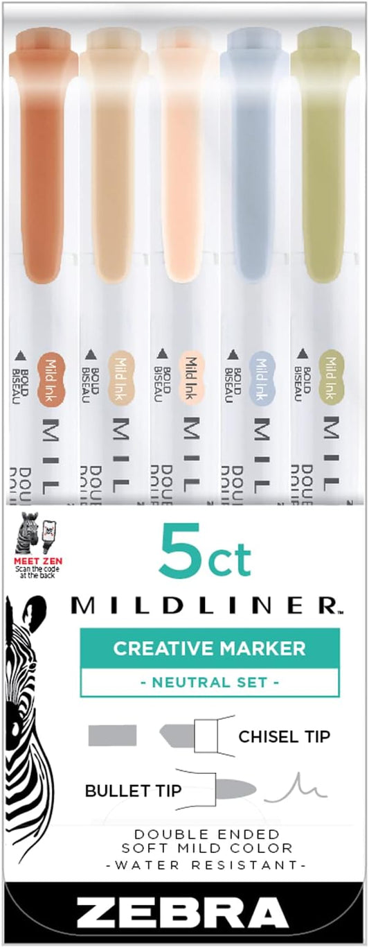 Zebra Pen Mildliner Double Ended Highlighter, Broad and Fine Point Tips, Assorted Neutral Vintage Ink Colors, (78605) - (Case of 6 packs, 30 Count Total)