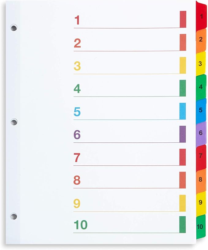Blue Summit Supplies 10 Tab Binder Dividers for 3 Ring Binder or Notebook, Subject Dividers with Multicolor Numbered Tabs, Includes Customizable Table of Contents Index, 6 Sets