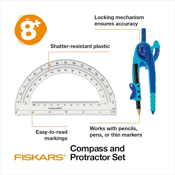 Fiskars Plastic Compass and Protractor Set, Math Geometry Kit for Kids 8+, School Supplies, Includes Pencil, Color Varies