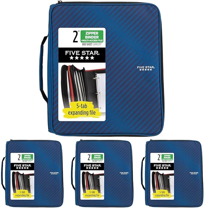 Five Star Zipper Binder,2 Inch 3-Ring Binder with Round Rings,5-Tab Expanding File,380 Sheet Capacity,Cobalt Blue (72534),(Pack of 4)