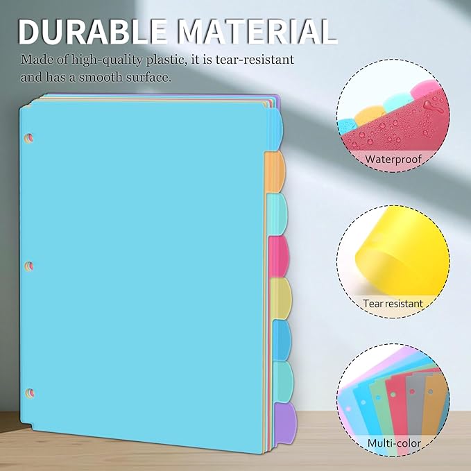 8 Tab Plastic Dividers for 3 Ring Binders, Write & Erase, Tabbed File Dividers with Tabs, Fits 8.5X 11'' Letter Size Paper, Assorted Color, 3 Set