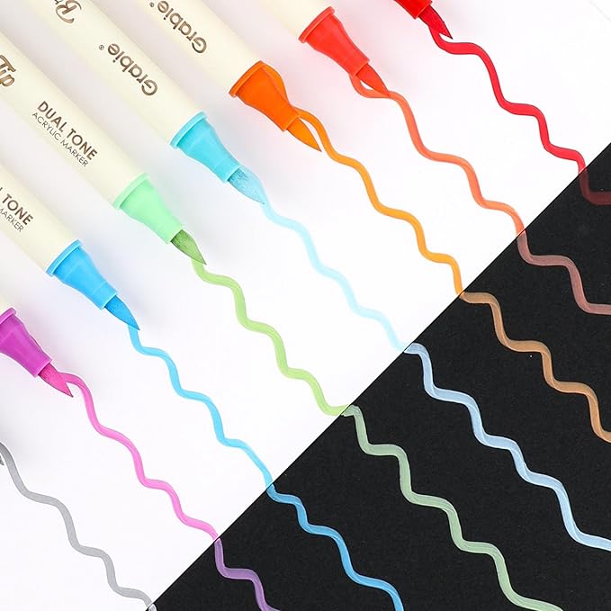 Grabie 24 Colors Paint Markers, Acrylic Paint Pens with 12 Dual-Color Brush Tips, Dual Tone Acrylic Markers for Rocks, Acrylic Paint Markers for Art Supplies (24 Colors)
