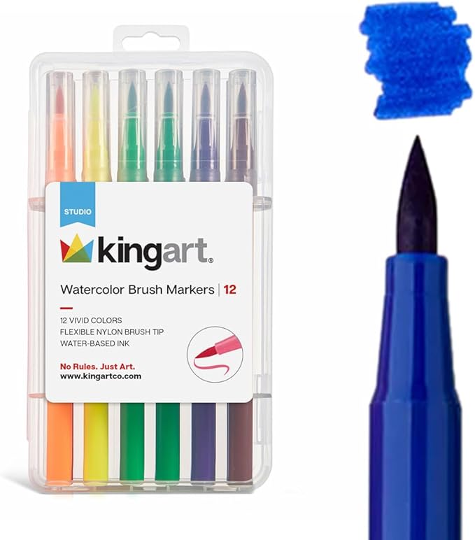 KINGART 'Watercolor-Effect' Brush Markers, 12 Colors - Brightly Colored Markers, Journaling, Lettering, Kids and Adult Coloring Books, and More, Convenient Carrying Case