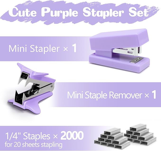 Purple Mini Stapler with Staples, Portable Office Supplies Set with Small Stapler, Staple Remover and 2,000 Staples, Cute Mini Stapler for Desk, School, Office & Home Desk Essentials