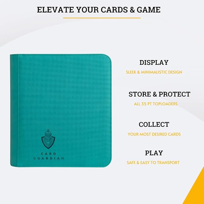 Card Guardian - Toploader 4 Pocket Premium Binder with Zipper for 160 Cards - Side Loaded Pockets - Compatible with Sports and Trading Cards TCG (Teal)