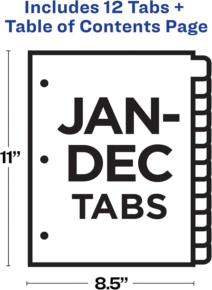 Avery Jan-Dec Dividers for 3 Ring Binders, 12 Tabs per Set, Customizable Table of Contents, Multicolor Tabs, Great for Organizing Reports, Projects, and More (11127)