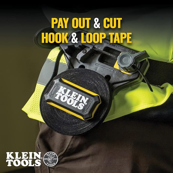 Klein Tools 450-900 Cable Management, Hook & Loop Dispenser with 12-Foot x 3/4-Inch Tape Roll, Cuts Custom Length Hook & Loop Strips, Black