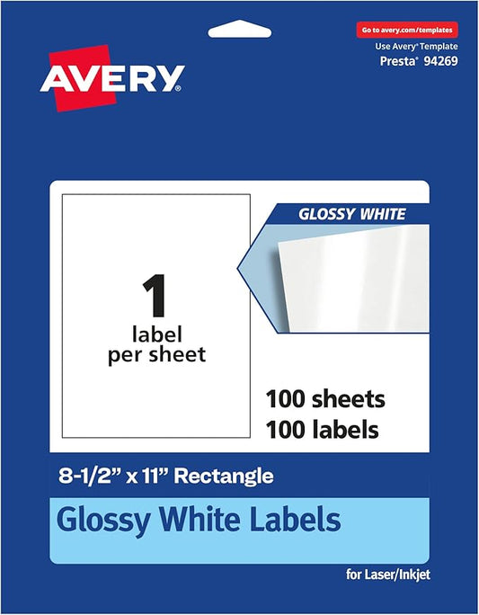 Avery Glossy White Rectangle Labels, 8.5" x 11", 100 Glossy White Labels, Permanent Adhesive, Laser/Inkjet Printable