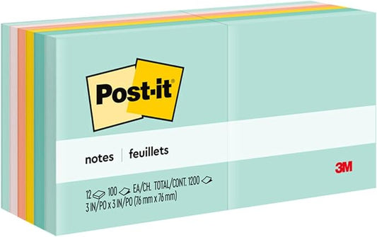 Post-it Notes, 3 in x 3 in, 12 Sticky Note Pads, 100 Sheets per Pad, Beachside Café Collection, School Supplies and Office Products