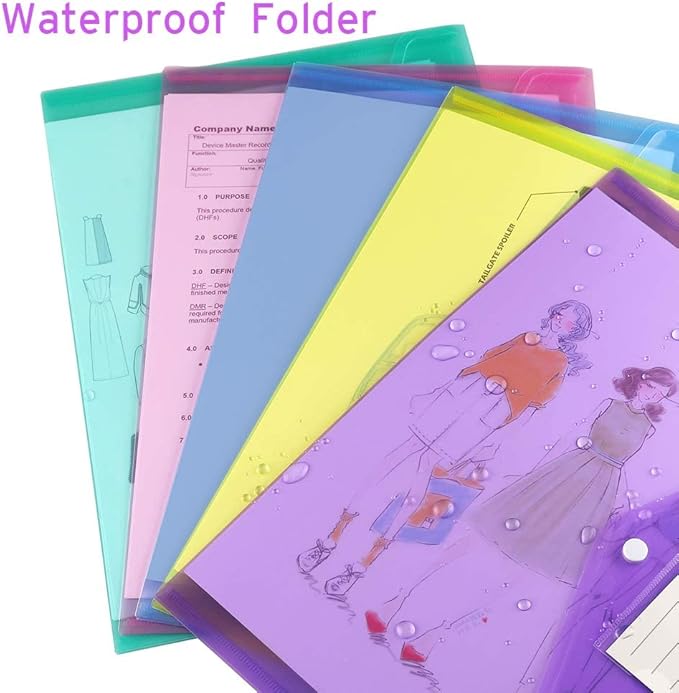 Sooez 6 Pack Folders Plastic Envelopes, Clear Plastic File Folder for Document, Letter A4 Size Poly File Envelopes with Label Pocket, Snap Button for Home Work Office Organizer, 6 Colors