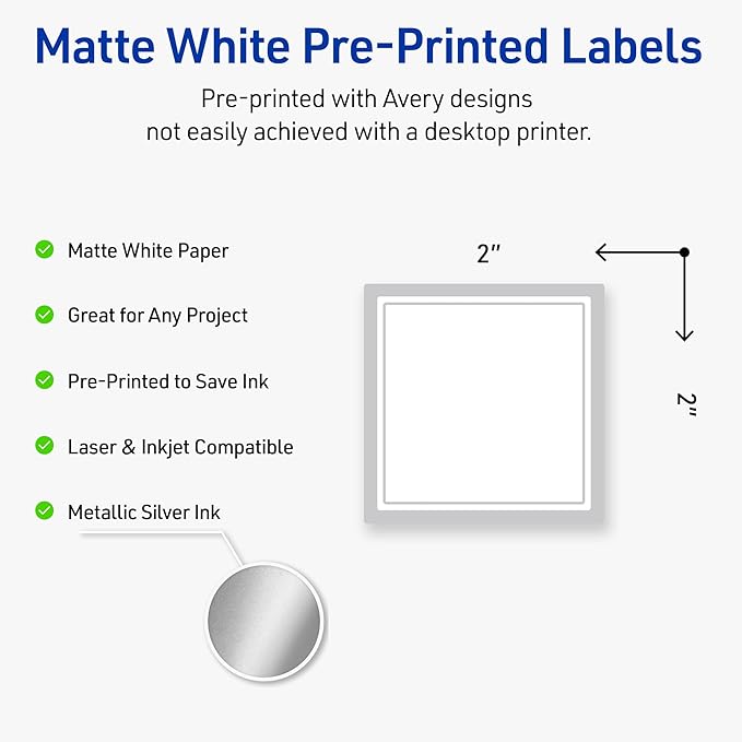 Avery Printable Square Labels with Sure Feed Technology, Pre-Printed Silver Mirror Metallic Design, Matte White, 2" x 2", Laser & Inkjet Compatible, 120 Total