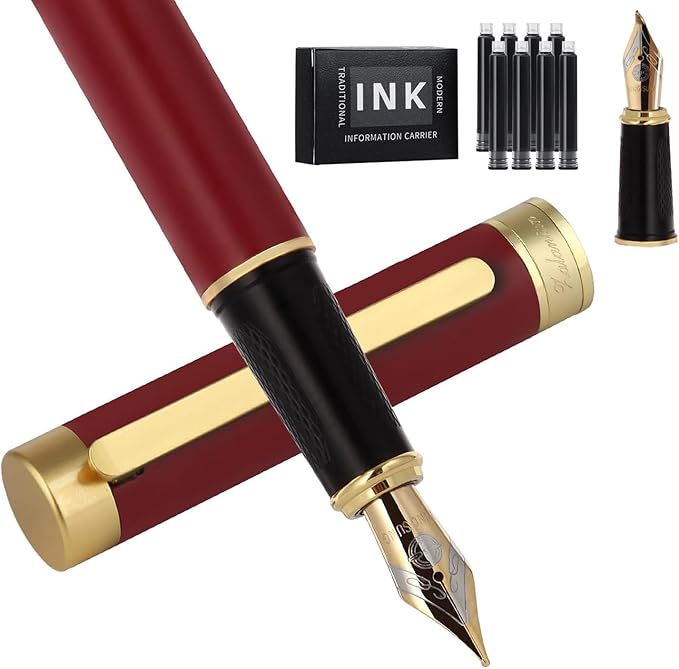 Fountain pen, Stunning luxury pen, Nice pen gift, pure copper heavy feel Office Executive Pen Smooth Writing Pens for Men Funcy Pens with Gift Case 10 black cartridges (Red)