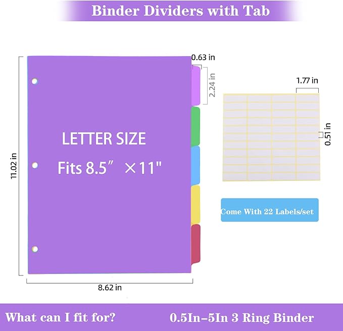 Dividers for 3 Ring Binders,5 TAB Binder Dividers,Plastic, Multicolor Binder separators with tabs，Colored 6 Sets