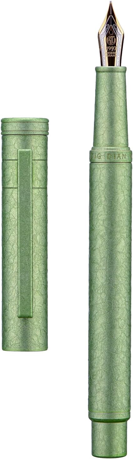 Hongdian 1851 Forest Fountain Pen Applegreen Ice Flowers, Bent Nib Classic Design with Converter and Metal Pen Case