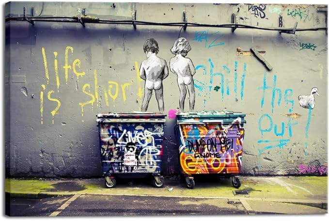 Wieco Art Large Gallery Wrapped Canvas Prints Life is Short Chill the Duck Out Banksy Boys Artwork Reproduction Graffiti Poster Print on Canvas Art for Bedroom Home Kitchen Decorations