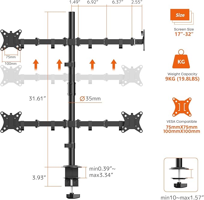 PUTORSEN Quad Monitor Stand, 4 Monitor Desk Mount for 17 to 32 Inch Screens, Heavy Duty Fully Adjustable Desk Arm with 31.7" Height, VESA 75/100 mm, fits C-Clamp & Grommet Base