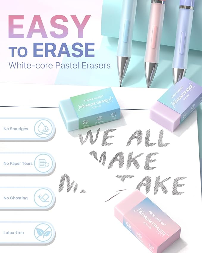 Four Candies Mechanical Pencil Set - 0.5 mm & 0.7 mm, 12PCS Cute Pencils Mechanical with 720PCS (HB & 2B) Lead Refills & 21PCS Erasers & 1PCS Storage Case, Pastel Aesthetic Lead Pencils for School