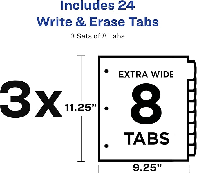 Avery Write & Erase Pocket Plastic Dividers for 3 Ring Binders, 8 Tab Sets, Multicolor, Works with Sheet Protectors, 3 Sets (31701)