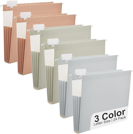 Y YOMA Letter Size - 24 Pack Extra Capacity Hanging File Folders Accordion Decorative File Folder Cute Colored Hanging Folder Organizer for Office Home with 1/5-Cut Adjustable Tabs, Natural Color