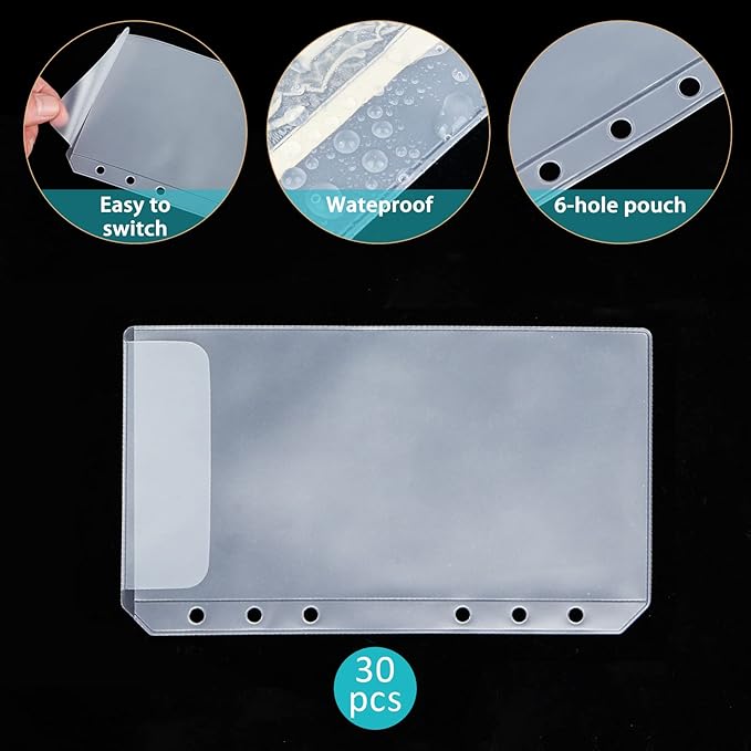 60pcs A6 Binder Pocket no Zipper Clear Budget Planner Inserts Bulk Budget Binder Organizer Cash Envelopes for Budgeting Waterproof PVC Loose Leaf Bags Card Sleeves for 6 Ring Notebook