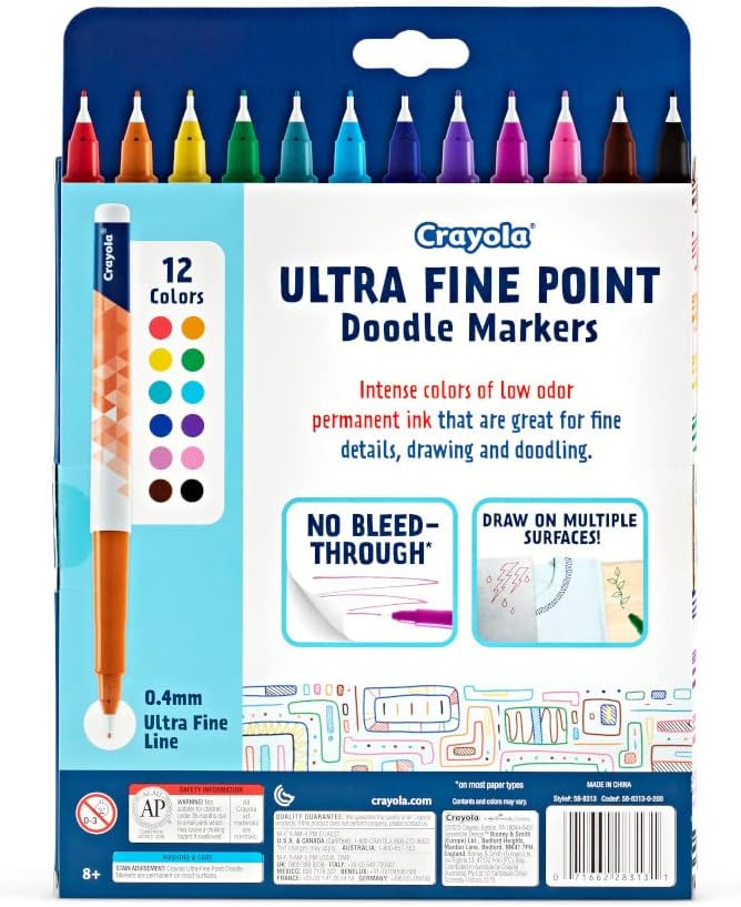 Crayola Ultra Fine Point Markers (12ct), No Bleed Markers for Adult Coloring Books, Doodle Art Marker Set, Lettering, Calligraphy, Drawing