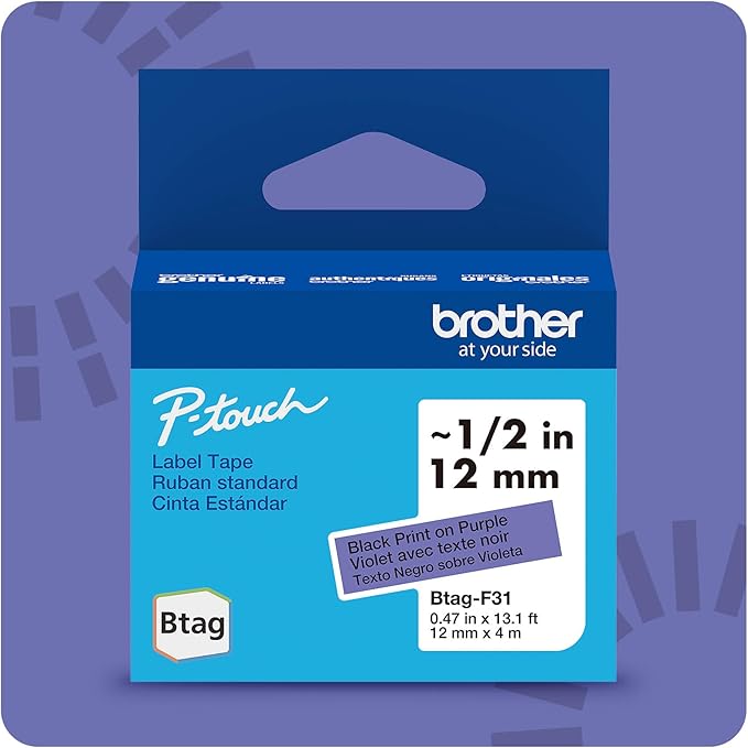 Brother Genuine P-Touch Btag BTAGF31 Black on Purple Label Tape ~1/2in by 13.1ft (12mm x 4m). (Works Only with Brother PT-N10, PT-N20, PT-N25BT Label Makers)