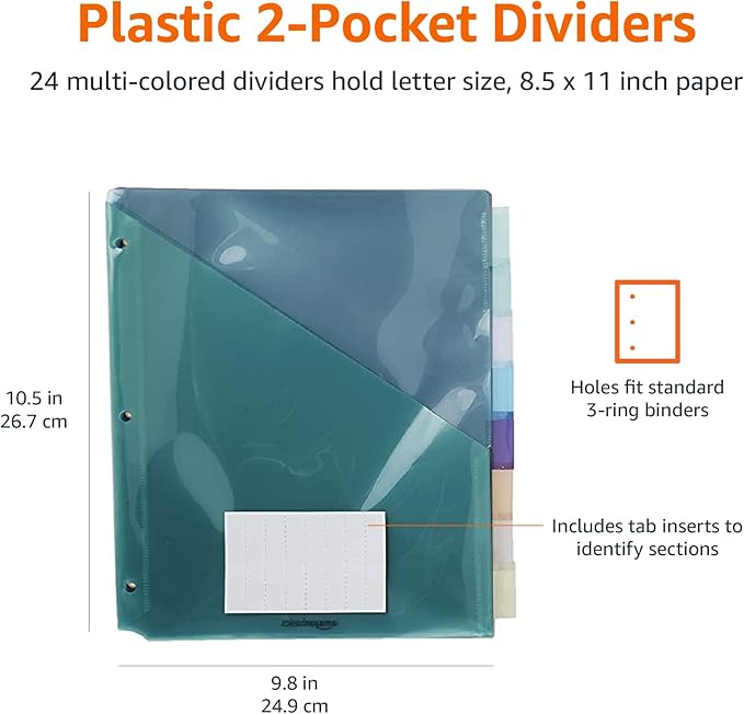 Amazon Basics Tab Dividers for 3 Ring Binder, Two Pocket, Letter Size, 36 Count, Multicolor