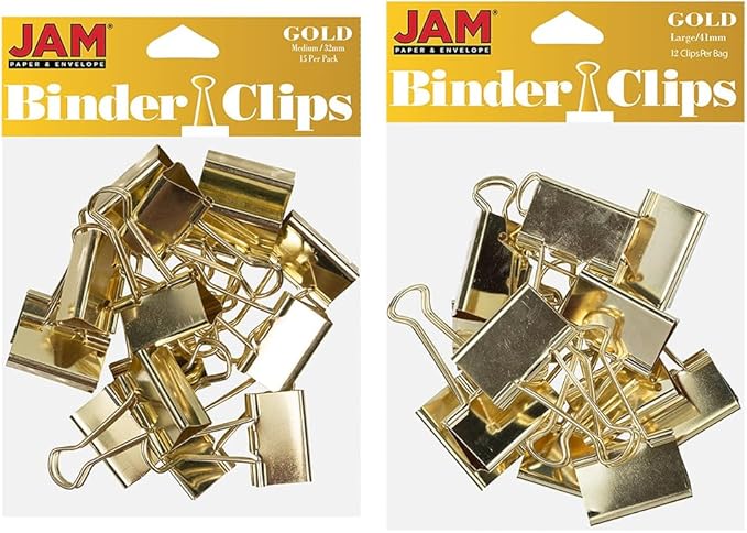 JAM PAPER Colorful Binder Clips Assortment - Medium & Large Size - Gold Binderclips - 27 Clips/Pack