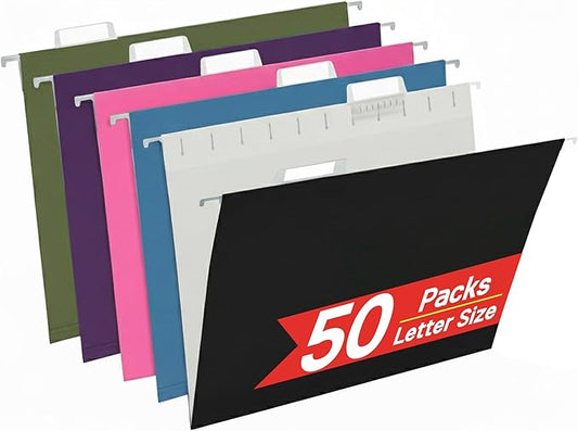 50 Packs Hanging File Folders,Assorted Color Letter Size File Folders with 1/5 Adjustable Cut Tabs for Office/Home/School,Decorative,Drawer,Desk and Cabinet Use(Black,Blue,Pink,Purple,Standard Green)