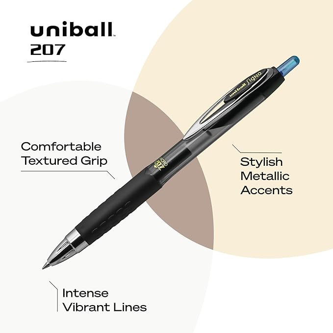 uniball 207 Retractable Gel Pens, Micro Point (0.5mm), Blue, 12 Pack