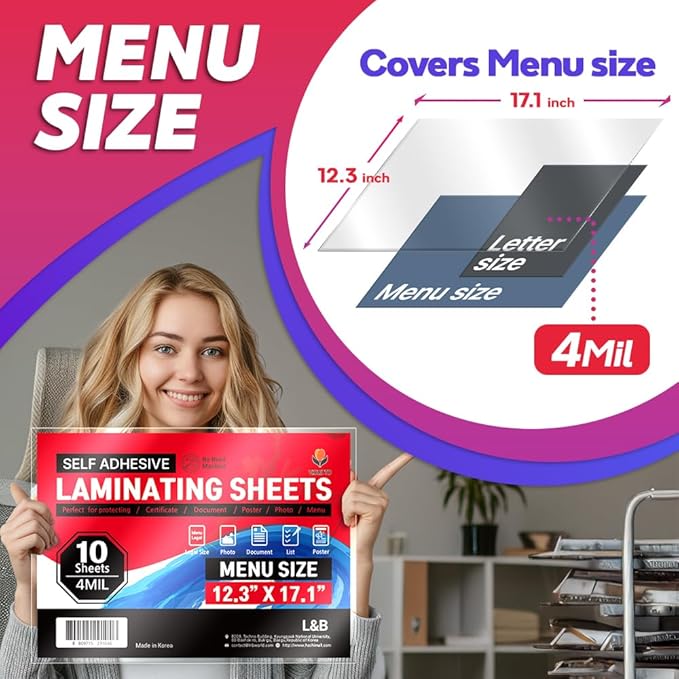 Self Adhesive Laminating Sheets 12.3x17.1 inch, 10 Pack, 4mil Thickness, No-Machine Needed, QuickPeel, Instashield, Stick&GO (10 Sheets, Menu Size 4mil)