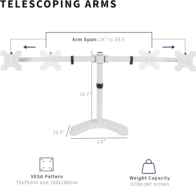VIVO Premium Dual Ultra Wide LCD LED 27 to 38 inch Monitor Desk Stand, Heavy Duty, Free-Standing Telescoping Arms, Flush Wall Setup, Fits 2 Screens, White, STAND-TS38BW