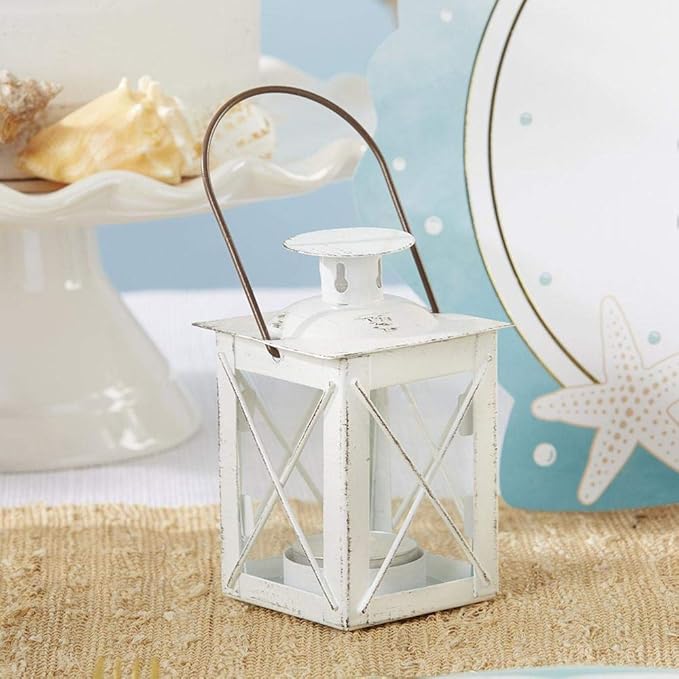 Kate Aspen Decorative Lanterns - Set of 2 - Luminous Distressed Metal Lantern Candle Holders for Wedding, Home Decor and Party - 4.5" H (6.5" H with Handle) – White