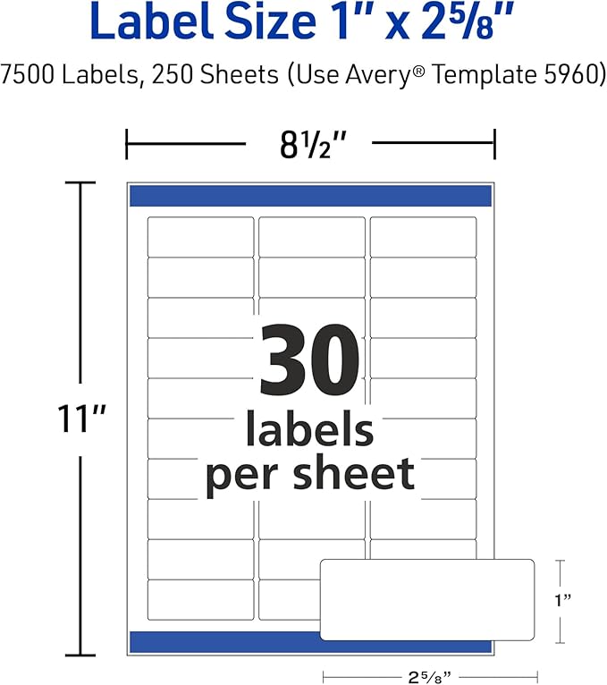 Avery Easy Peel Printable Address Labels with Sure Feed, 1" x 2-5/8" Customizable Stickers, White, 7,500 Blank Mailing Labels, Great for Mailing, Shipping, and More (5960)