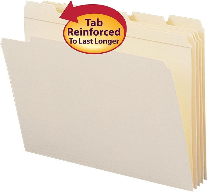 Smead File Folder, Reinforced 1/5-Cut Tab, Assorted Positions, Letter Size, Manila, 100 per Box (10356)