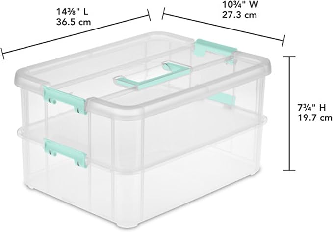 Sterilite 4-Pack Stack & Carry, 2 Layer Handle Box for Home & Office Storage - Clear Base & Lid with Color Latches, Organizer for Art & Craft Supplies, Sewing Tools or 8.5" x 11" Paper