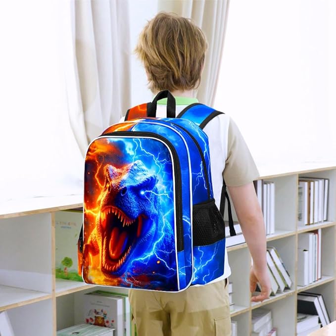 gxtvo 3PCS Dinosaur Bookbag for Boys, 17" Kids Backpack with Lunch Box, Water Resistant Middle Elementary School Bag - Fire & Lightning T. rex