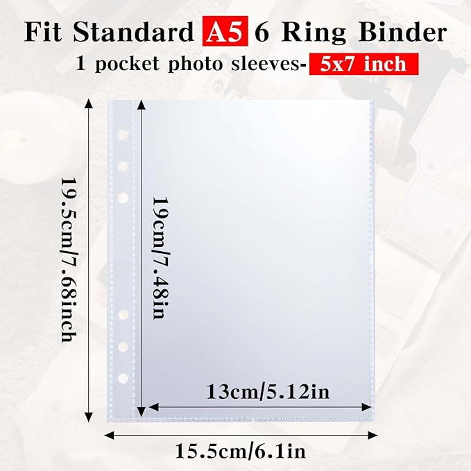 50 Pack 50 Pocket 5x7”Clear Page Protectors for A5 Binder 6 Ring Top Loading Paper Protector Sheets Binder Sleeves for Cards,Photocards,Postcards,Pictures,Stickers,and Cash Organizer(50)
