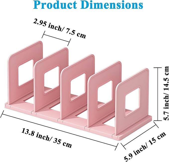SAYEEC Desk File Sorter Vertical Desktop File Folder Organizer 4 Section Plastic Book Holder Adjustable Shelf Dividers Closet Purse Handbag Mail Binder Organizer Magazine Rack Stand Bookshelf (Pink)